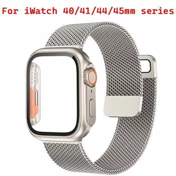 Стекло + чехол + ремешок для Apple Watch Band 44 мм, 40 мм, 45 мм, 41 мм, чехол + браслет-миланская петля Correa iWatch series 7 se 6 8 ultra 40MM серебряный