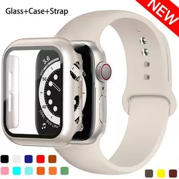 Стекло + чехол + ремешок для Apple Watch ремешок 44/40/45/41/38/42/44 мм силиконовый ремешок для часов браслет iWatch serie 3 4 5 6 se 78 ремешок