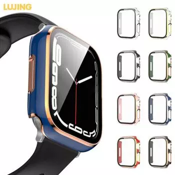 Стекло LUJING + чехол для Apple Watch, чехол 49 мм, 45 мм, 41 мм, 44 мм, 40 мм, 42 мм, 38 мм, аксессуар для iWatch, защитная пленка для экрана, серия Apple Watch 7/6SE/5/4/3