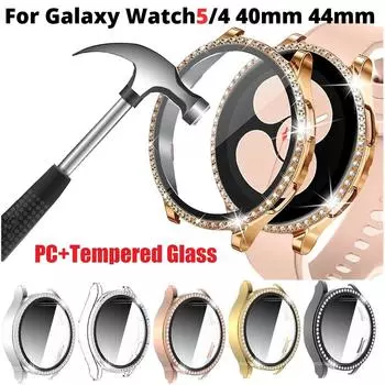 Стекло LUJING + чехол для Samsung Galaxy watch 4, 44 мм, 40 мм, аксессуары, Bling Diamond, чехол для ПК, бампер + защитная пленка для экрана, чехол для Galaxy watch4 Galaxy watch 4 40mm золотой