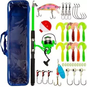 Стекловолоконная телескопическая удочка с катушками для спиннинга в комплекте для морской и пресной воды зелёный