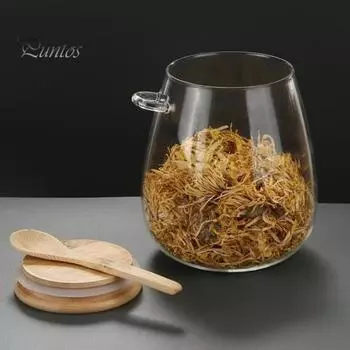 Стеклянная банка для хранения с бамбуковой крышкой, большой емкости, пищевой, без BPA, прозрачный стеклянный контейнер для хранения с ложкой 350ml