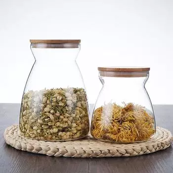 Стеклянная банка для хранения с деревянной крышкой, бутылки для хранения на кухне, банки, трапециевидные контейнеры для еды, зерна, чай, кофейные зерна, банка для конфет