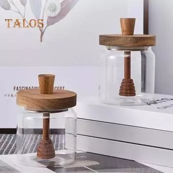 Стеклянная банка для меда на 500 мл с деревянной крышкой-ковшом. Герметичный набор горшков для меда. Прозрачная палочка для меда и набор банок для удобного мониторинга. Широкий рот. чистый