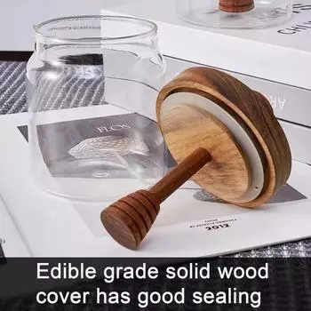 Стеклянная банка для меда на 500 мл с деревянной крышкой-ковшом. Герметичный набор горшков для меда. Прозрачная палочка для меда и набор банок для удобного мониторинга. Широкий рот. чистый