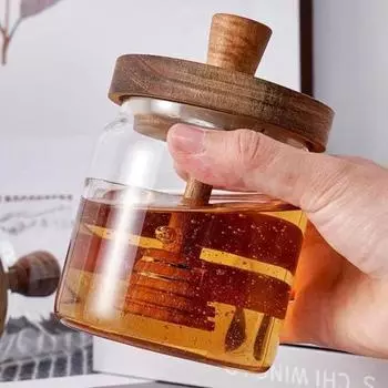 Стеклянная банка для меда с деревянной крышкой-ковшом. Герметичный набор горшков для меда. Прозрачная палочка для меда и банка.