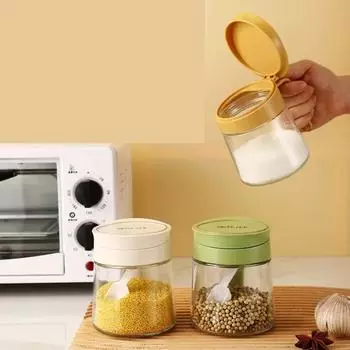 Стеклянная банка для приправ. Солонка-перевертыш. Бытовая коробка для приправ с ложкой. Кухонная солонка.