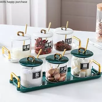 Стеклянная банка для специй с керамическим подносом, коробка для приправ, комплект из трех предметов, домашние кухонные принадлежности, контейнер для специй, банка для приправ, комбинация
