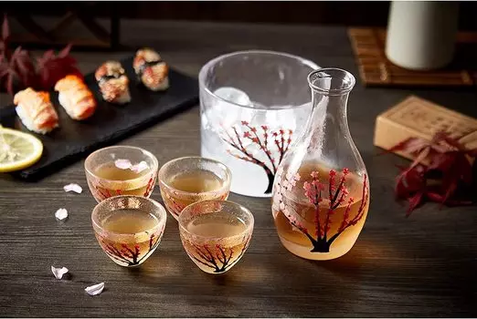 Стеклянная бутылка для сакэ в японском стиле для вечерних напитков с цветущей вишней, 4 чашки для сакэ, набор для теплого сакэ [утреннее место], цветение, милый, стильный, просмотр,