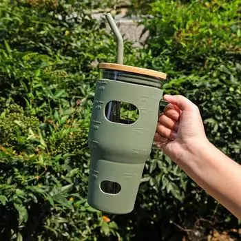 Стеклянная бутылка для воды на 32 унции, стеклянная бочка с крышкой и соломинкой, силиконовый чехол, многоразовый стакан и чашка для холодного кофе с маркером времени 32oz