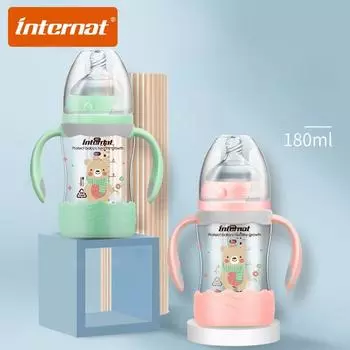 Стеклянная бутылка INTERNAT широкого калибра, 180 мл, с ручкой и соломинкой, большая детская бутылочка с защитой от падений и коликами 180mL розовый