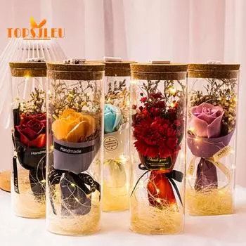 Стеклянная бутылка желаний с сохраненным цветком, вечный цветок розы, светодиодная подсветка, романтический подарок для влюбленных друзей F
