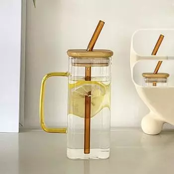 Стеклянная чашка для питья с бамбуковой крышкой и стеклянными соломинками. Пивные кружки. Кружки для ледяного кофе. розовый