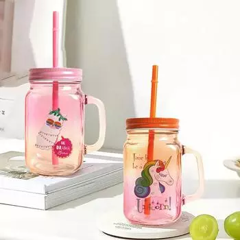 Стеклянная чашка градиентного цвета с соломенной ручкой, трансграничная креативная чашка для холодных напитков сока, ретро-чашка для чая с молоком Random Color разноцветный