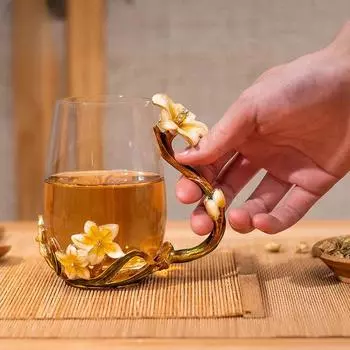 Стеклянная чашка прозрачная цветная круглая с ручкой металлические цветочные украшения бытовая европейская упаковка для кофе подарочное украшение для рабочего стола