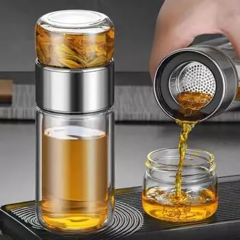 Стеклянная чашка с двойными стенками, боросиликатное стекло, бутылка для воды для чая с независимым заварочным устройством для чая, портативные кружки для воды, посуда для напитков 420ML