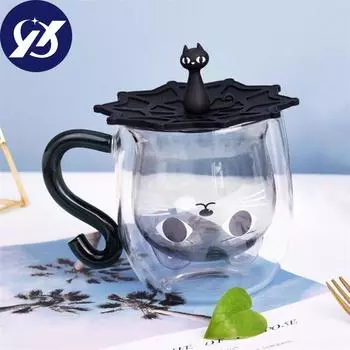 Стеклянная чашка с двойными стенками для молока и сока, креативная кофейная кружка в форме милого кота, мультяшная чашка для пары с крышкой, бытовая офисная посуда для напитков 1PC