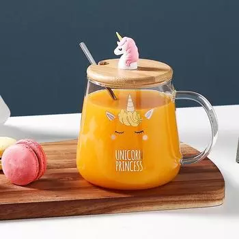 Стеклянная чашка с крышкой-ложкой с рисунком единорога, милый набор из боросиликатного стекла, устойчивый к высоким температурам 450ML