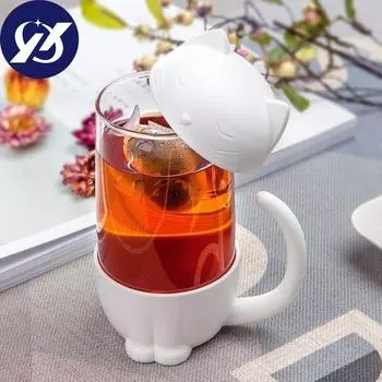 Стеклянная чашка с милым котом, чайная кружка с фильтром для рыбы, ситечко, стеклянная чашка, фильтр для заварки чая, кружка, домашний офис, контейнер, подарок Cat белый