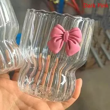 Стеклянная чашка с розовым бантом, милая чашка для воды, стеклянная чашка с мультяшным бантом, полосатая милая кофейная кружка с каракулями, домашний фруктовый чай, лимонад, подарок для девочек темно-розовый