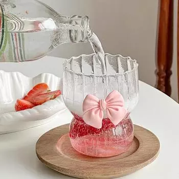 Стеклянная чашка с розовым бантом, милая чашка для воды, стеклянная чашка с мультяшным бантом, полосатая милая кофейная кружка с каракулями, домашний фруктовый чай, лимонад, подарок для девочек оранжевый
