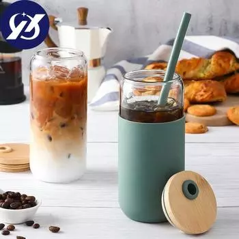 Стеклянная чашка с защитным рукавом и соломенной бамбуковой крышкой. Стаканы для замороженного кофе, соков. 500ml белый