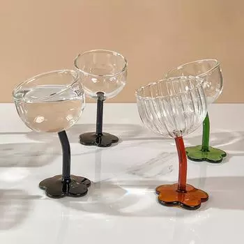 Стеклянная чашка со скошенной головкой и цветком, средняя, старинная, с вертикальным узором, бокалы, винтажная, французская, прозрачная, стеклянная чашка