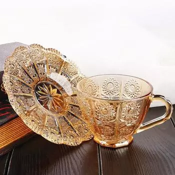Стеклянная чашка в стиле ретро в стиле подсолнечника, кофейная чашка, блюдо, набор из двух предметов, стеклянная чашка для послеобеденного чая, кофейная чашка янтарь