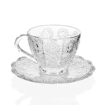 Стеклянная чашка в стиле ретро в стиле подсолнечника, кофейная чашка, блюдо, набор из двух предметов, стеклянная чашка для послеобеденного чая, кофейная чашка янтарь