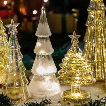 Стеклянная фигурка рождественской елки, настольное украшение на елку со светодиодными лампами, праздничный декор, подсветка D