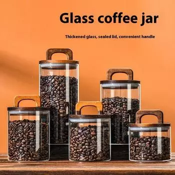 Стеклянная герметичная банка для кофейных зерен, контейнеры для хранения продуктов, прозрачные банки для чая с деревянной крышкой и ручкой, бытовые кухонные бутылки