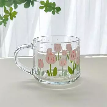 Стеклянная кружка 350 мл с рисунком для домашнего офиса, кофейная чашка с трубочкой, крышкой и ложкой, чашки для напитков с цветочным узором, обжаренные при высокой температуре 350ml