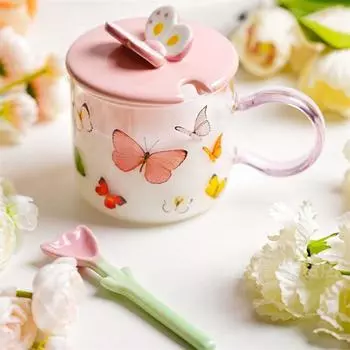 Стеклянная кружка-бабочка, термостойкая кружка для воды для девочек с крышкой и ложкой, кружка для завтрака для домашнего использования, высокая красота 520ML