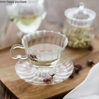 Стеклянная кружка для чая с блюдцем и цветком, устойчивая к высоким температурам, прозрачная чашка для послеобеденного чая в гостиную с чашкой и блюдцем, чайная утварь 201-300ml