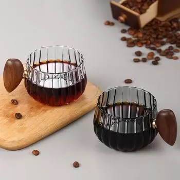 Стеклянная кружка для кофе с деревянной ручкой, полосатый контейнер для воды, практичный набор чашек и тарелок для дома Gray-Coffee Mug With Plate
