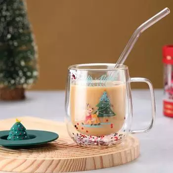Стеклянная кружка для кофе Yousheng Christmas с крышкой, 250 мл, двухстенная изолированная кружка для питья, прочная стеклянная кружка для напитков, рождественские украшения для дома и офиса красный