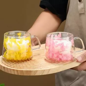 Стеклянная кружка с цветочным рисунком, 200 мл, кофейная чашка с настоящим цветком, прозрачная кружка с двойными стенками и изоляцией 200ML фиолетовый