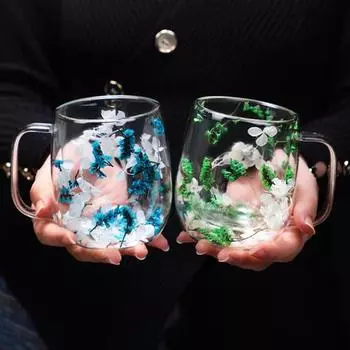 Стеклянная кружка с двойными стенками, 250 мл, прозрачная чашка с широким горлышком и цветочным принтом, с ручкой, изолированный стакан для кофе для кофе, чая, шоколада 250ml синий