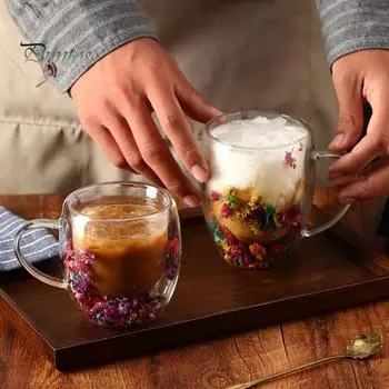 Стеклянная кружка с двойными стенками и цветочным рисунком, 250 мл/350 мл, прозрачная эстетичная чашка для напитков с изолированной ручкой, украшение из настоящего цветка, двухслойное сохранение тепла 250ml C