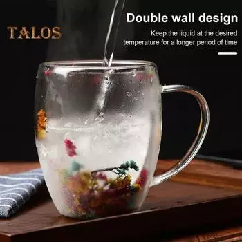 Стеклянная кружка с двойными стенками и цветочным рисунком, 250 мл/350 мл, прозрачная эстетичная чашка для напитков с изолированной ручкой, украшение из настоящего цветка, двухслойное сохранение тепла 250ml B