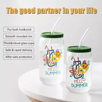 Стеклянная кружка с силиконовой крышкой и трубочкой Прозрачная чашка для чая с пузырьками Стеклянная банка для сока Пивная банка для молока Мокко Чашки для завтрака Кружка Посуда для напитков 401-500ml