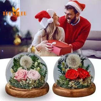 Стеклянная крышка вечного цветка одуванчика, деревянное основание, консервированный одуванчик, настоящий стеклянный купол бесконечности, подарок для жены, подруги, жены на День Святого Валентина розовый