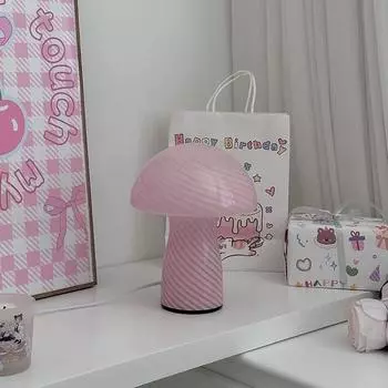 Стеклянная мини-грибная настольная лампа, украшение комнаты, светодиодный ночник, винтажный полосатый домашний декор, атмосферное освещение для спальни для девочек