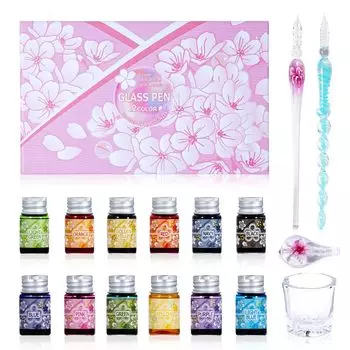 Стеклянная ручка Набор стеклянных ручек от Beautiful Character Красивая книга с персонажами 12 цветов Инструкция по эксплуатации Путеводитель Набор карточек с сообщениями Розовый [COCOUNITY]