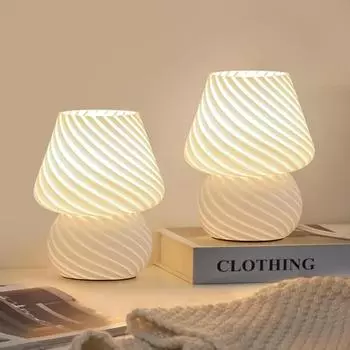 Стеклянная светодиодная настольная лампа для дома, прикроватные лампы для спальни, винтажная полосатая, симпатичная, полосатая, маленькая, декоративная лампа в виде гриба, рассеянный свет для гостиной