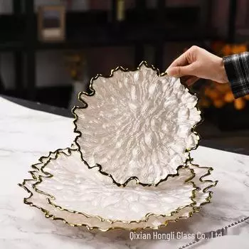 Стеклянная тарелка для фруктов и десертов с золотой окантовкой — креативный западный стиль, простая неглубокая тарелка, элегантная столовая посуда small