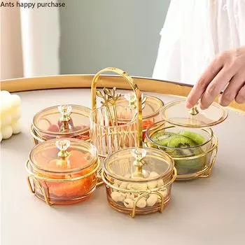 Стеклянная тарелка для фруктов из кованого железа с пластиковой крышкой Поднос для закусок Тарелки для сухофруктов Поднос для закусок Фруктовая вилка Банка для хранения Салатница