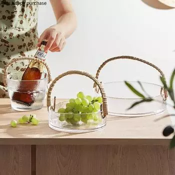 Стеклянная тарелка для фруктов с ручкой из ротанга Салатница Корзина для фруктов Ведерко для льда Поднос для закусок Миска для десерта Форма для хлеба Фруктовые миски Тарелки