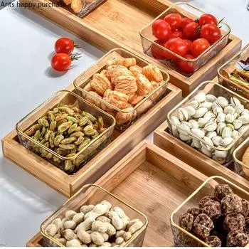 Стеклянная тарелка для закусок, многосекционный костюм с прямоугольным деревянным поддоном, квадратная миска для закусок из сухофруктов, фруктовая тарелка, столовая посуда