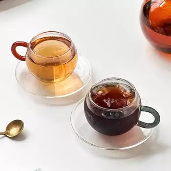 Стеклянная термостойкая кофейная чашка и блюдце, прозрачная стеклянная чашка для латте с цветком, набор для послеобеденного чая 200 мл 200ML янтарь